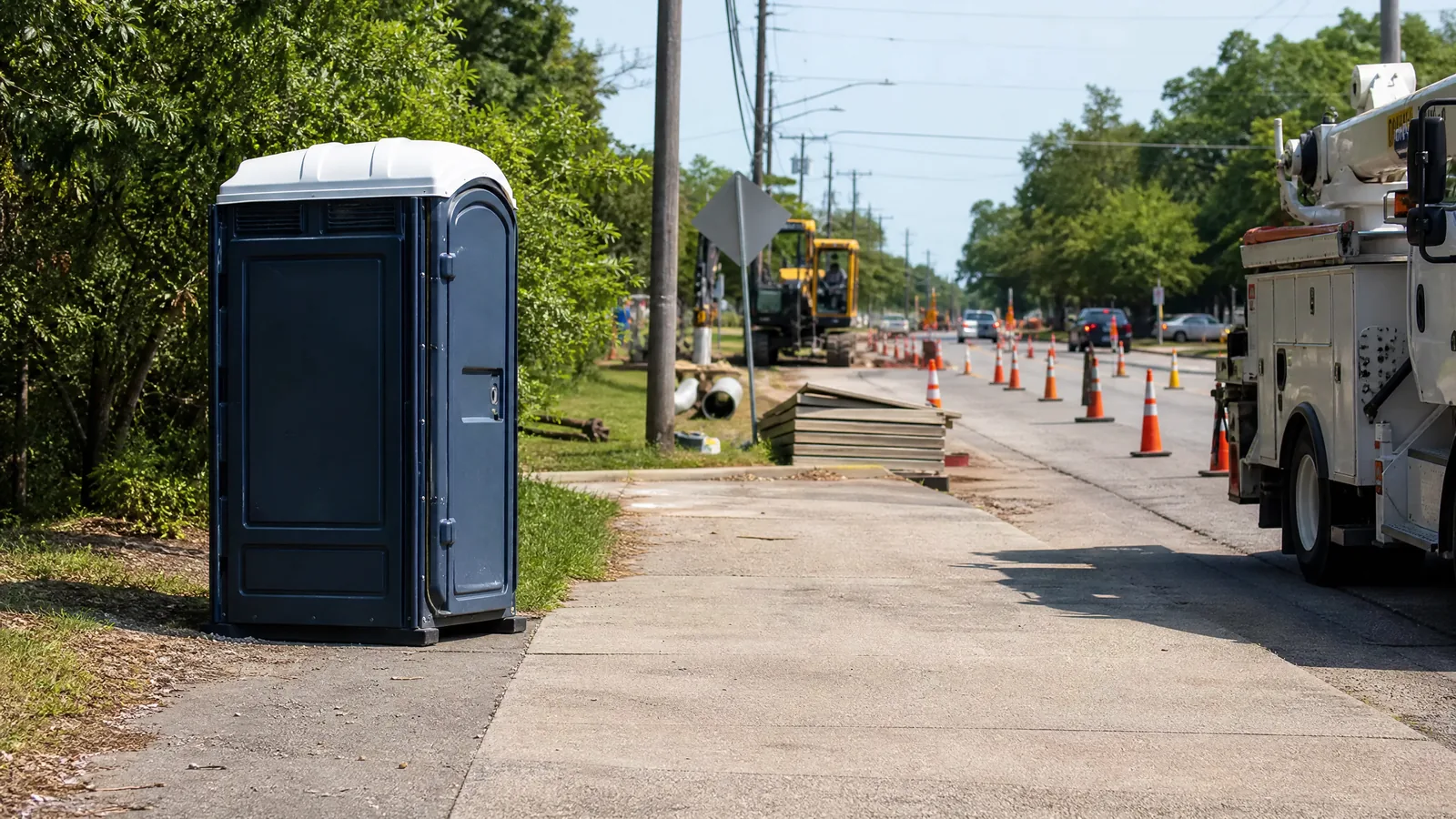 Portable restroom positioned safely beside a roadwork project service zone.